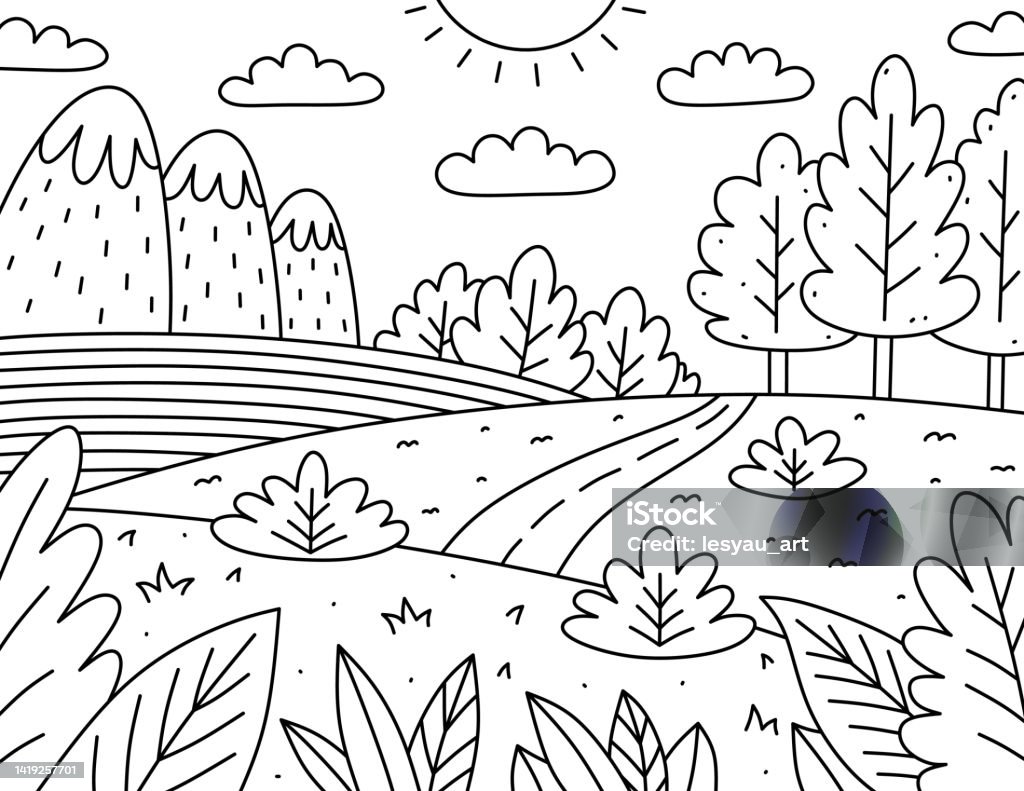 Vetores de pãgina de colorir crianãas bonitas paisagem nuvens montanhas campo estrada e arbustos ilustraãão vetorial desenhada ã mão no estilo doodle livro de desenho animado para crianãas e mais imagens