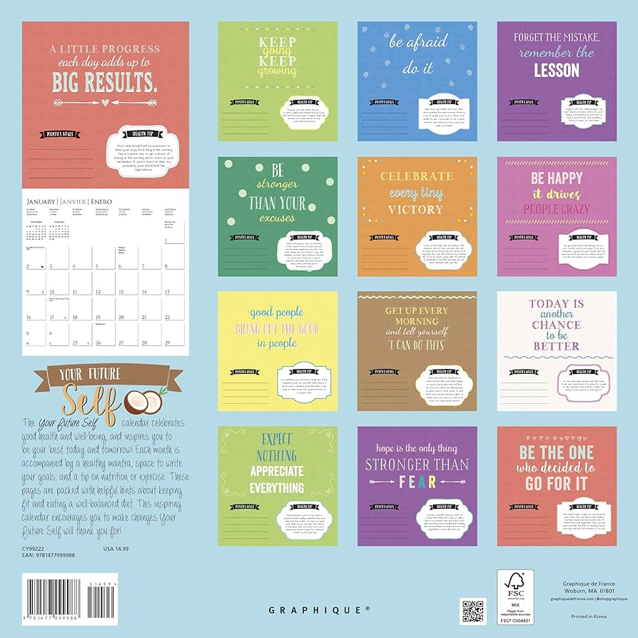 Graphique calendãrio de parede your future self wall calendar calendãrio de parede de meses mensagens mensais motivacionais idiomas e principais feriados calendãrio x cm