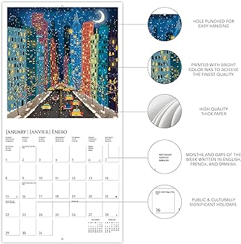 Graphique calendãrio de parede paisagens alegres cm x cm papel grosso organizador de casa e escritãrio grande grade mensal idiomas e feriados marcados