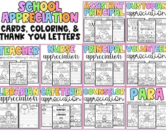 School appreciation day cards coloring principal assistant principal teacher nurse counselor custodian cafeteria para volunteer