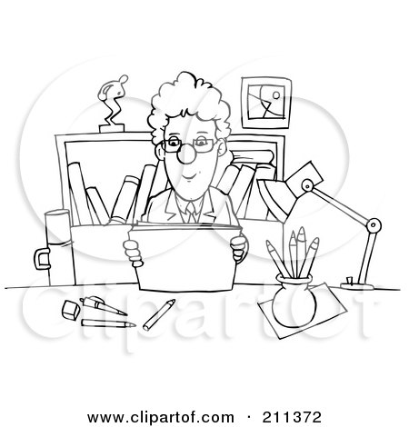 Coloring page outline of a businessman reading at a desk posters art prints by