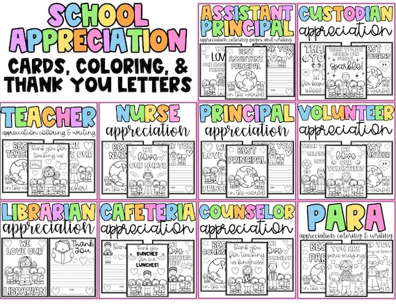 School appreciation day cards coloring principal assistant principal teacher nurse counselor custodian cafeteria para volunteer