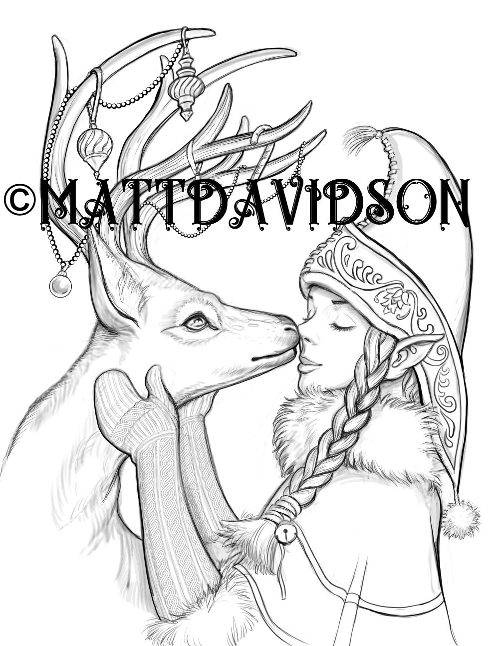 Christmas kisses fantasy coloring for adults reindeer elves winter coloring page christmas coloring page