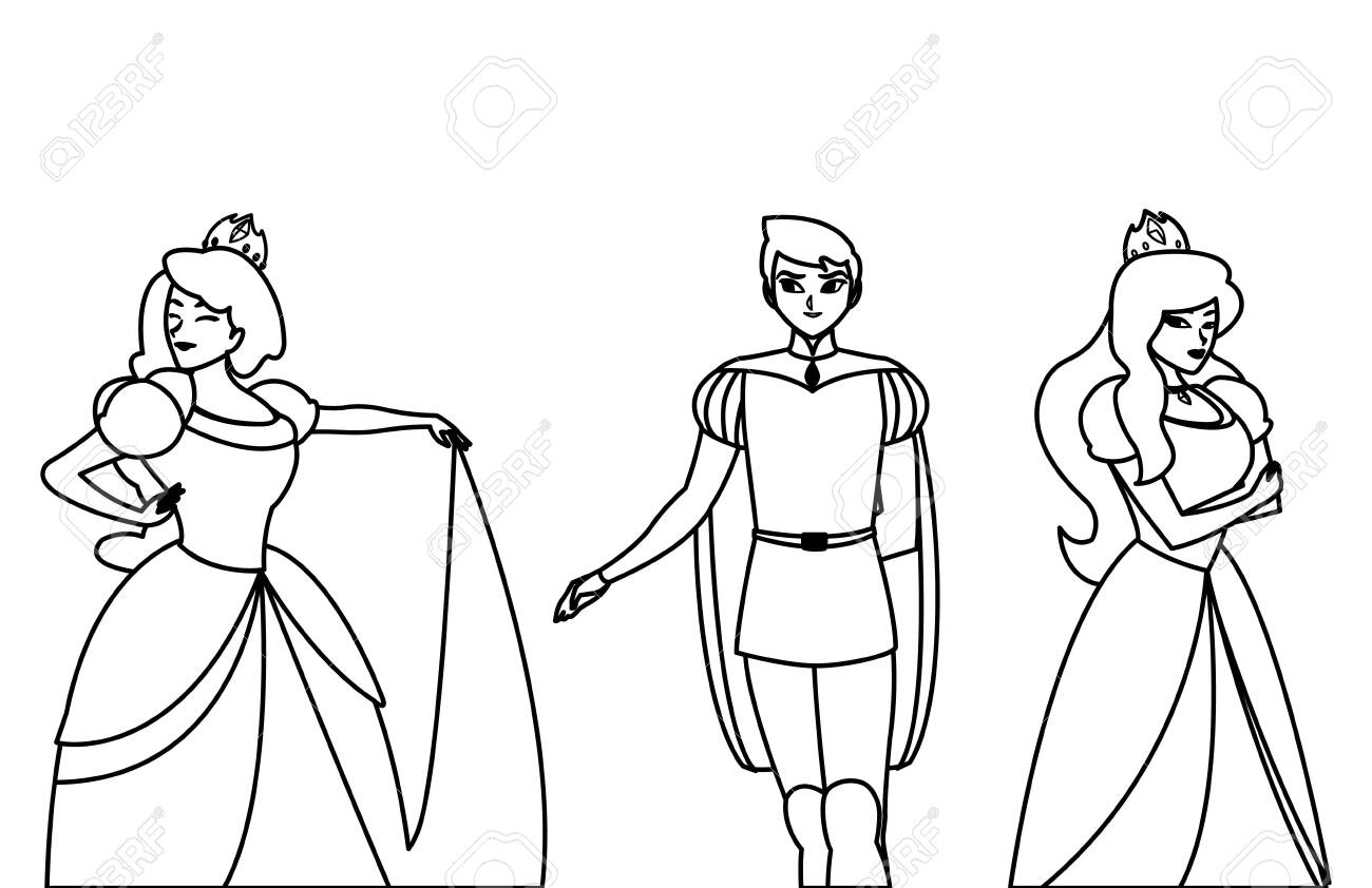 Prince charming and two princess of tales characters vector illustration design royalty free svg cliparts vectors and stock illustration image