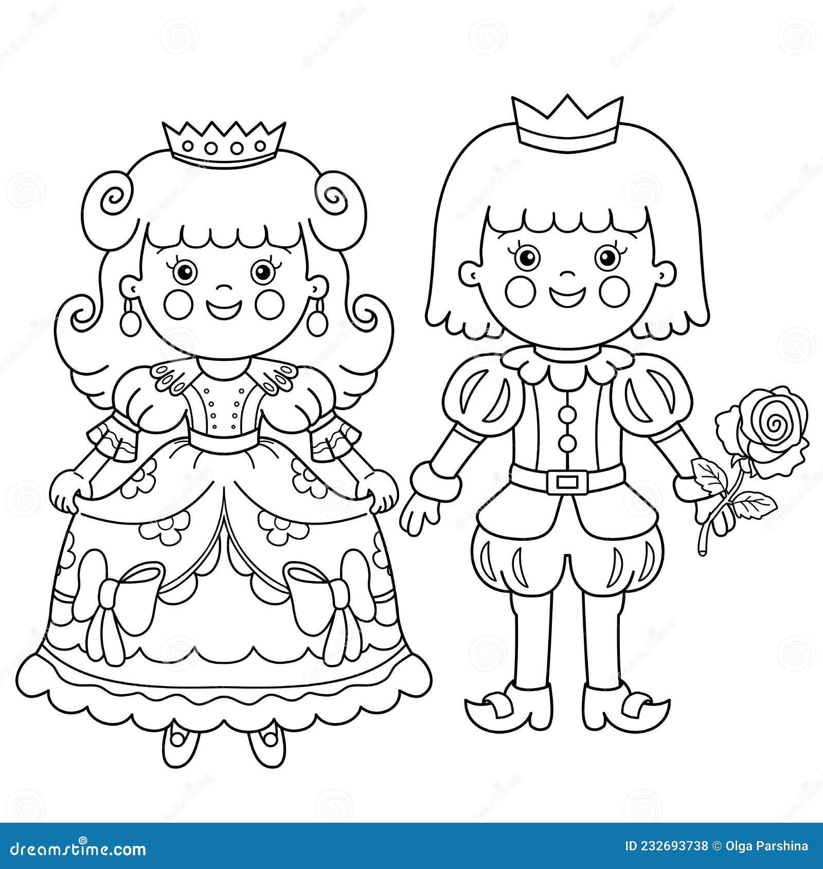 Coloring page outline of cartoon lovely prince with beautiful princess royal wedding cinderella fairy tale hero or character stock vector