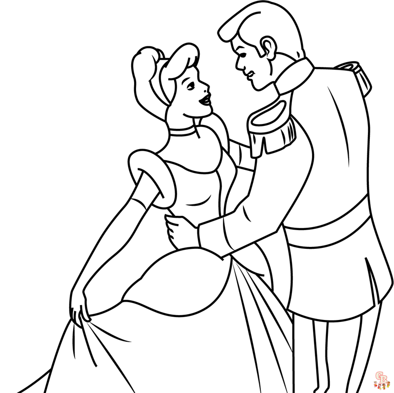 Cinderella with prince charming coloring pages printable to print