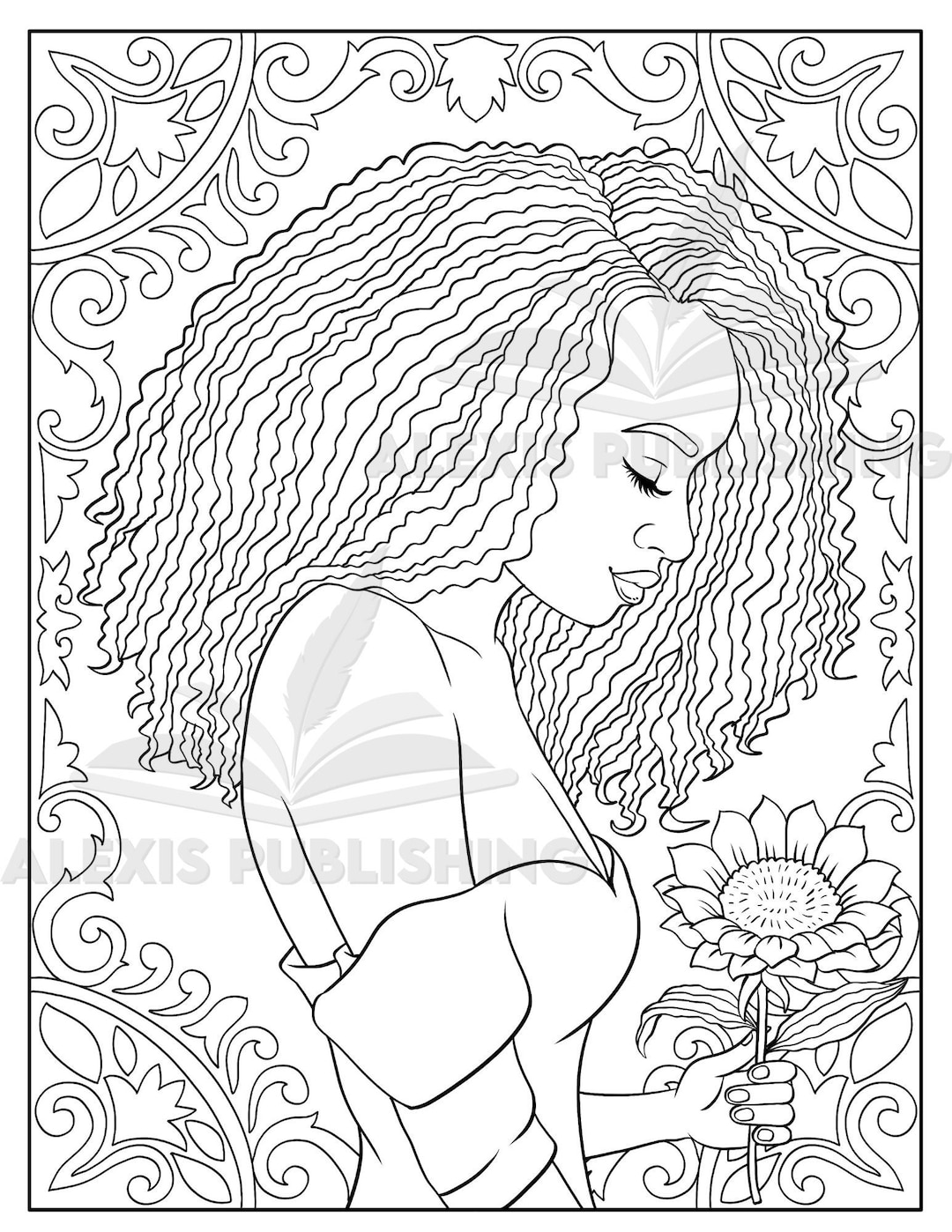 Printable adult coloring page beautiful black woman portrait download illustration printable jpg file