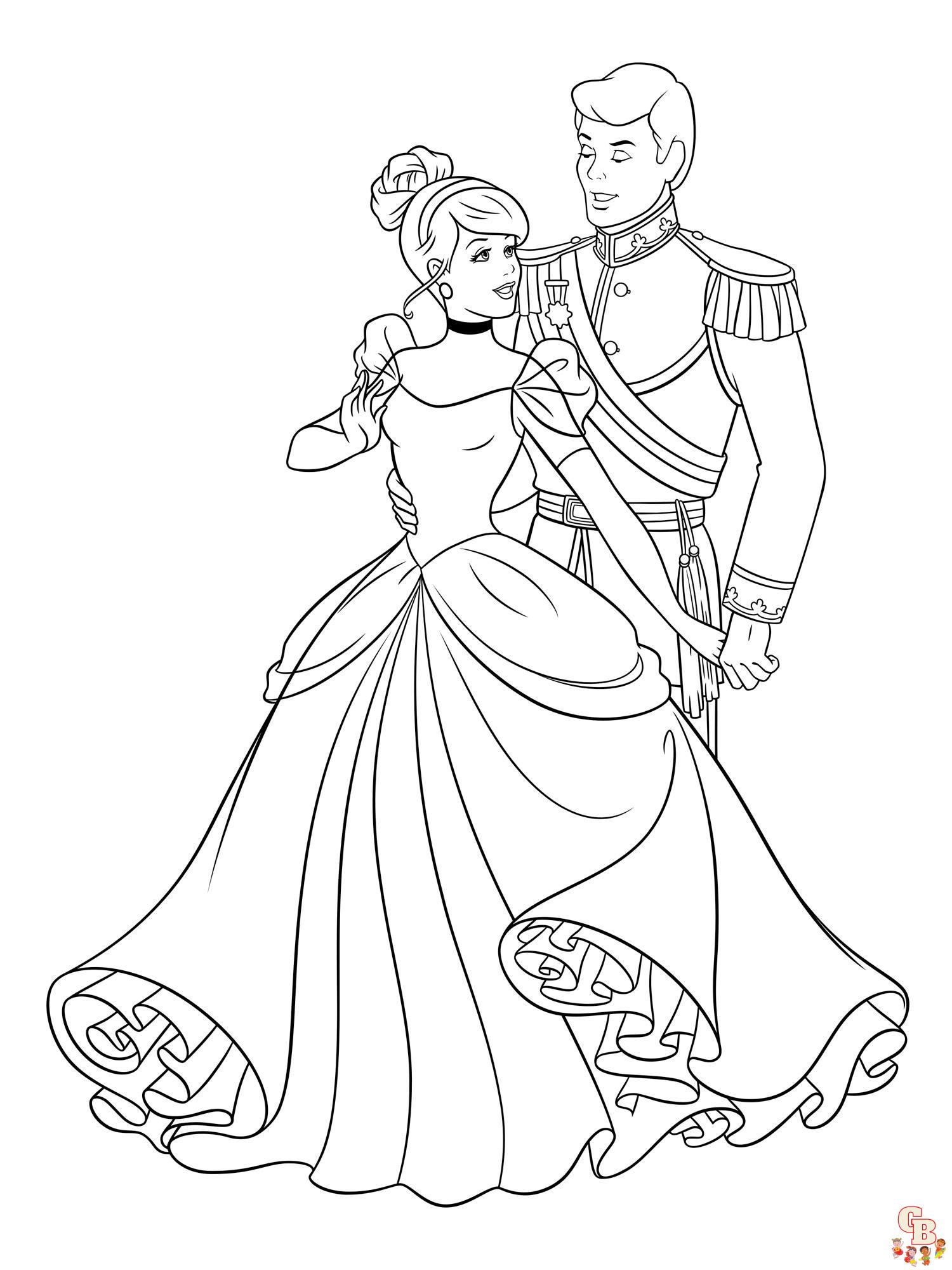 Cinderella with prince charming coloring pages printable to print