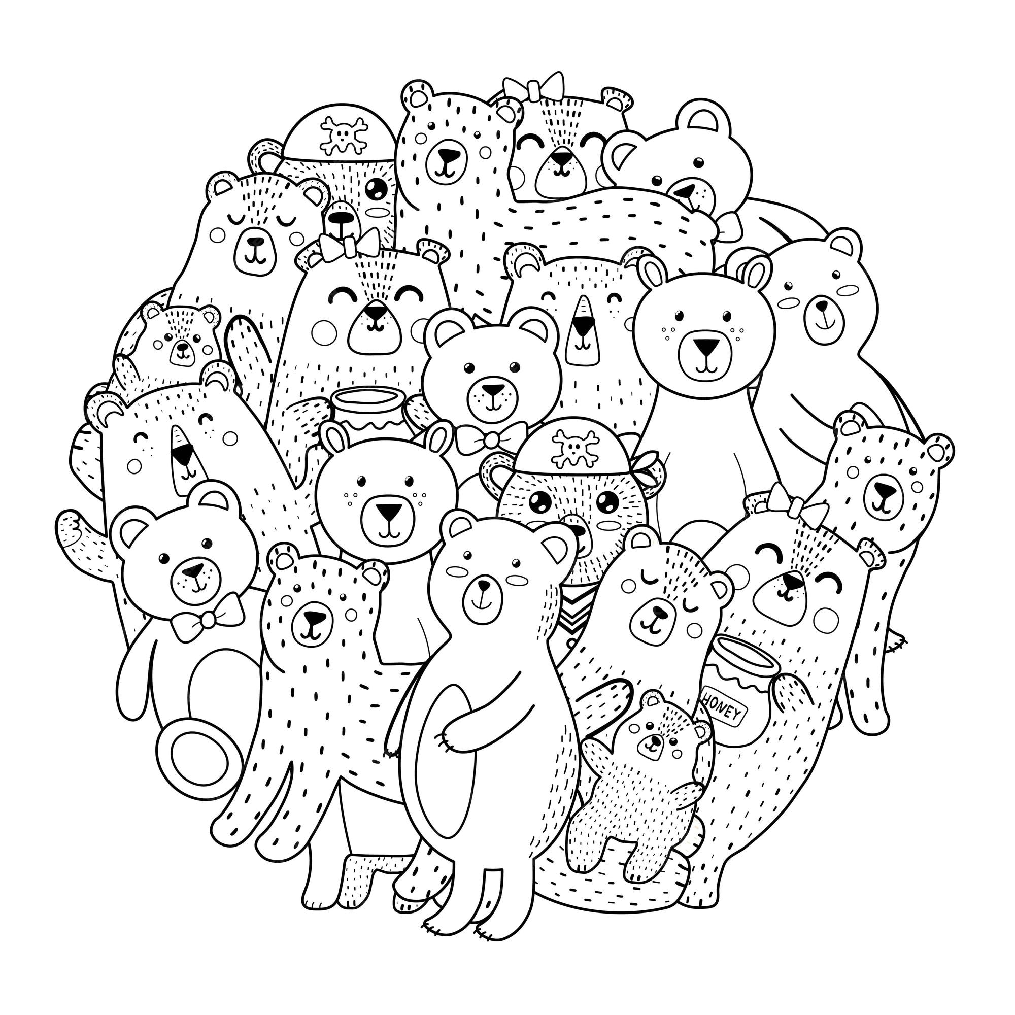 Premium vector cute bears circle shape pattern for coloring book forest animals coloring page doodle style print