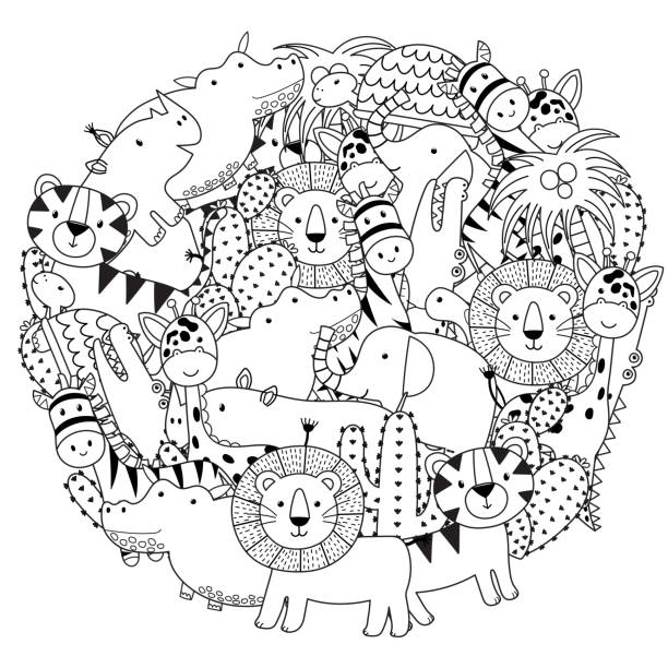 Circle shape coloring page with funny safari animals black and white print stock illustration