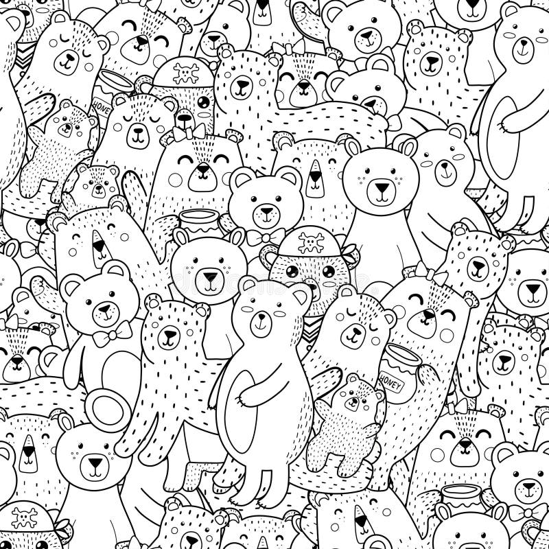 Cute bears seamless pattern for coloring book black and white forest animals coloring page stock vector