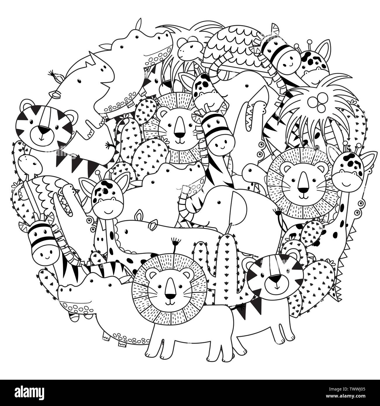 Circle shape coloring page with funny safari animals black and white print vector illustration stock vector image art