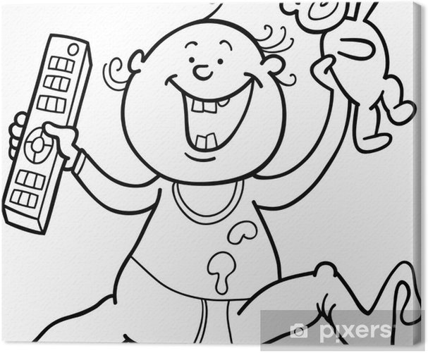 Canvas print boy with remote control and teddy bear for coloring book