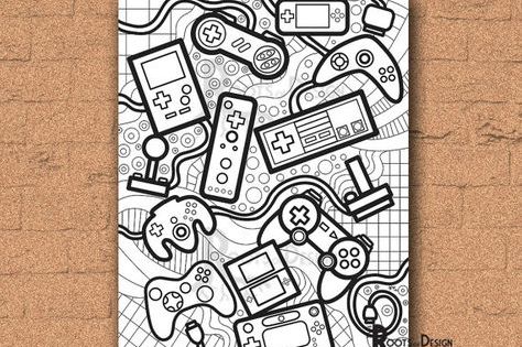 Instant download coloring page video game controllers zentangle inspired doodle art gamer printable