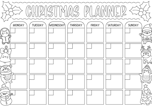 Premium vector vector black and white christmas monthly planner with traditional holiday symbols cute winter line calendar timetable for kids new year coloring page with cute kawaii santa claus snowman