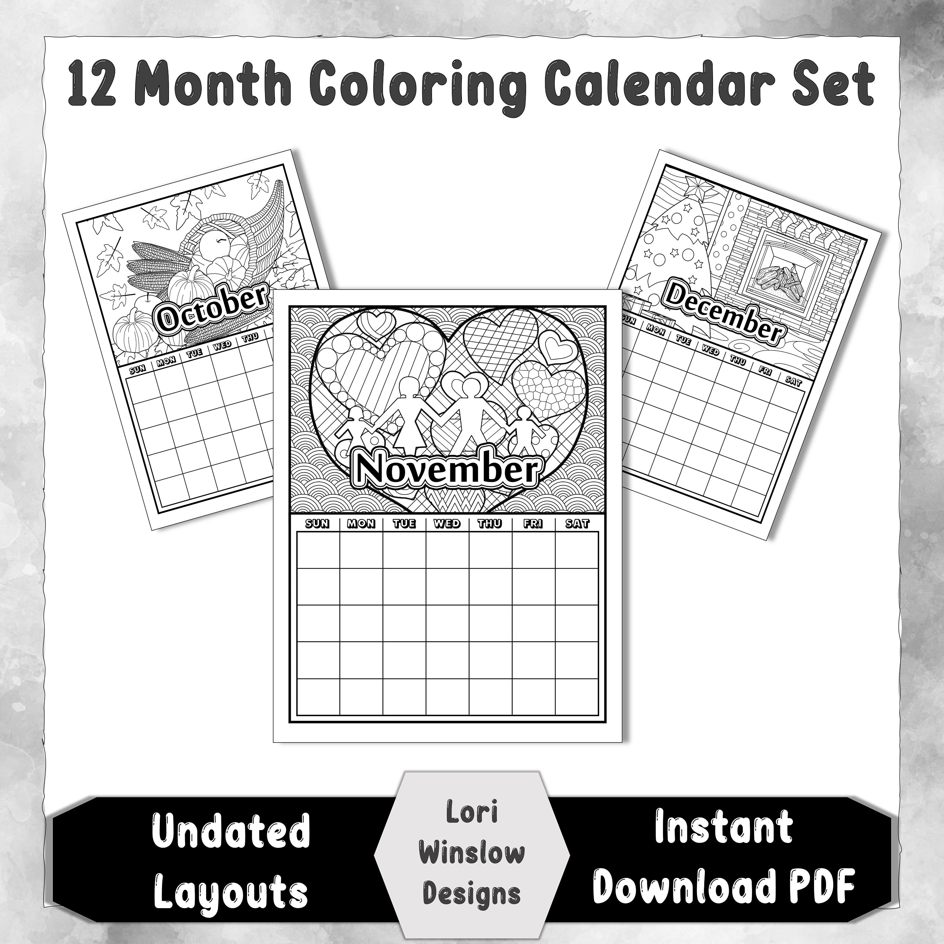 Month coloring calendar unique monthly designs undated monthly planner adult coloring calendar planner