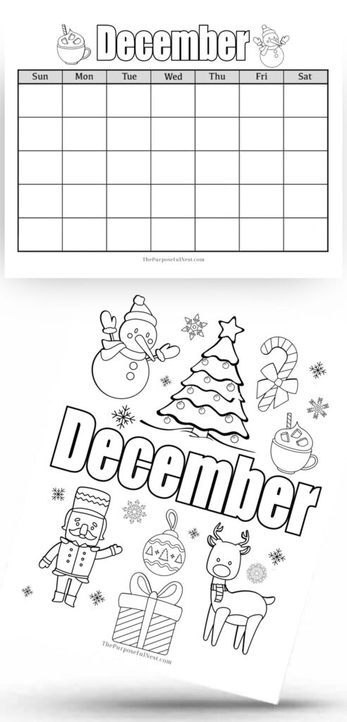 Free december coloring page and calendar for kids