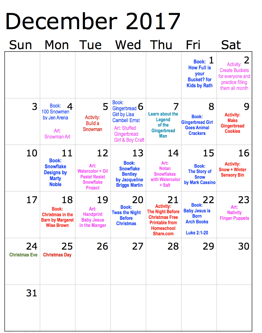 Decembers homeschool learning calendar