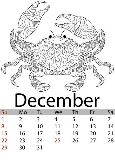 Premium vector calendar december month antistress coloring crab mandala patterns crustacean from the seabed vector