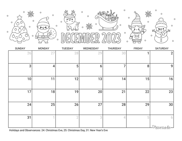 December calendar free printable with holidays
