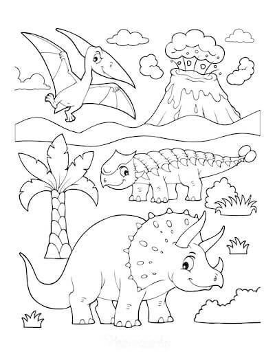 Three dinosaurs coloring page