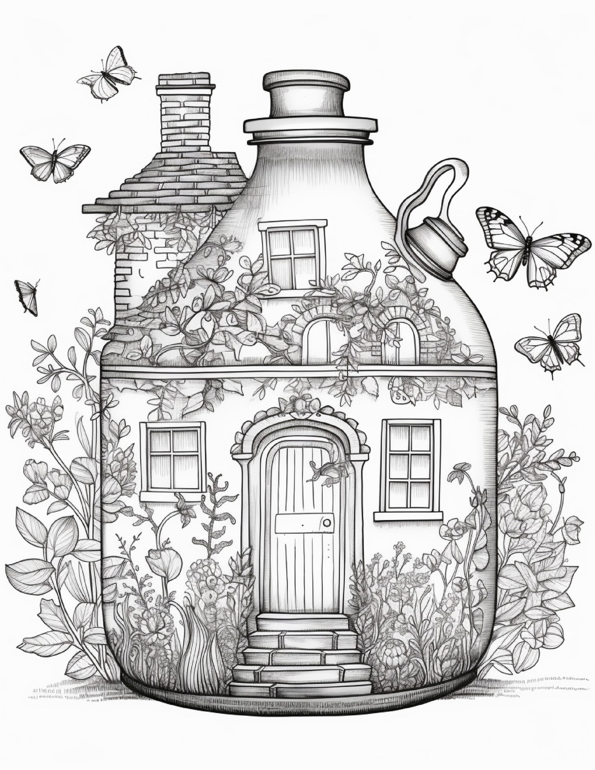 Printable fairy houses in jar coloring pages for adults grayscale â coloring