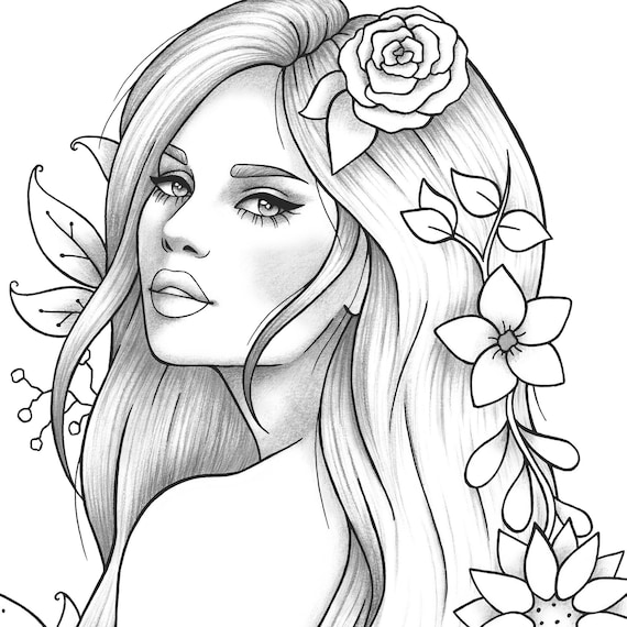 Printable coloring page girl portrait and clothes colouring sheet floral pdf adult anti