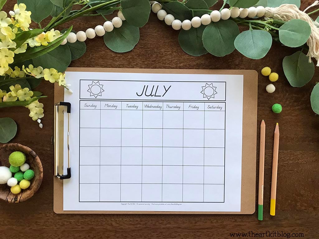 July undated monthly calendar coloring page download free printables â the art kit