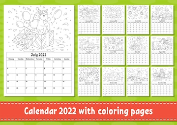 Premium vector vertical calendar for with a cute character coloring page for kids set of months isolated vector illustration cartoon style week starts on monday