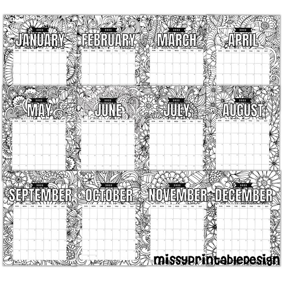 Printable floral coloring calendar printable calendar instant digital download diy printable coloring page