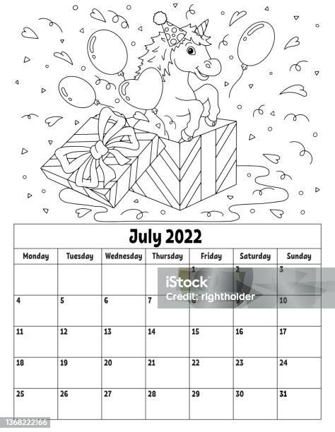 Vertical calendar for with a cute character coloring page for kids week starts on monday isolated vector illustration cartoon style stock illustration