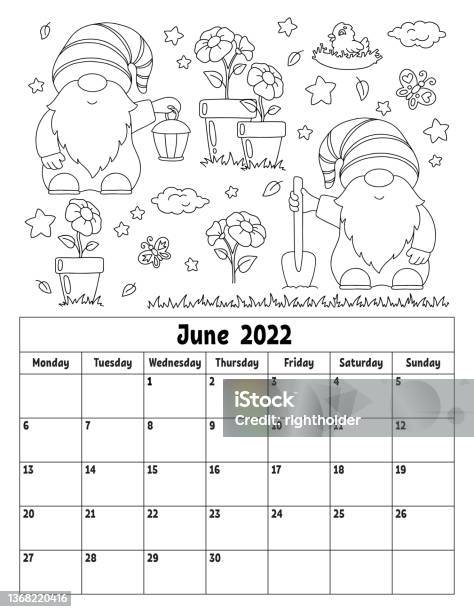 Vertical calendar for with a cute character coloring page for kids week starts on monday isolated vector illustration cartoon style stock illustration