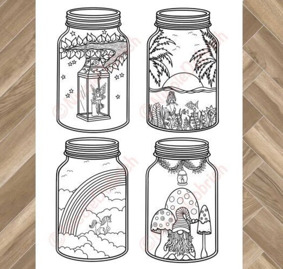 Gnome unicorn mermaid fairy glass jars printable adult coloring page instant download adult coloring book kids coloring page