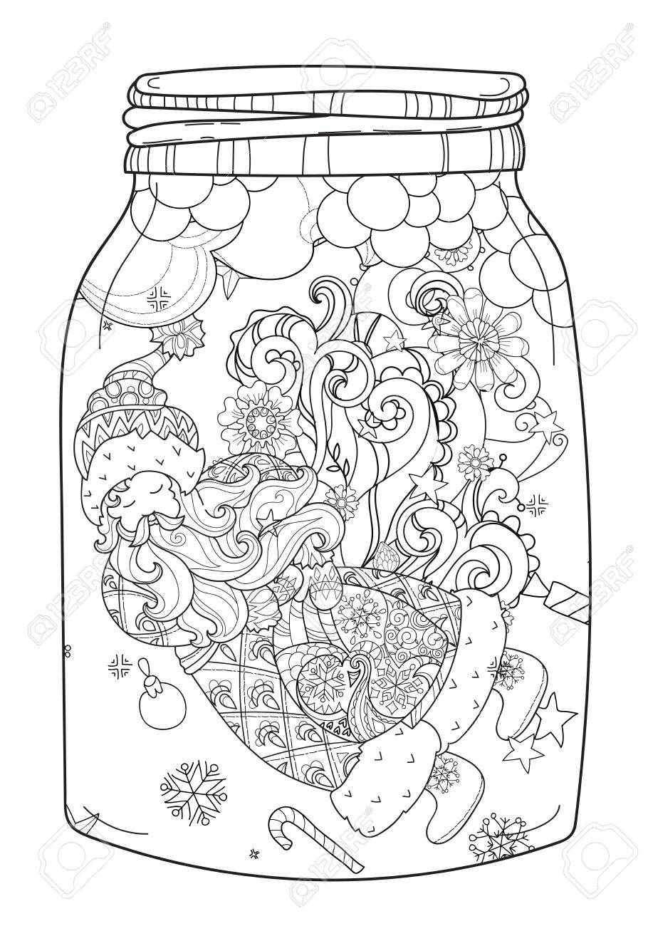 Vector cute magic glass jar with christmas santa claus doodle in flighthand drawn line illustrationsketch for postcard or print or coloring anti stress adult bookboho zen art style royalty free svg cliparts