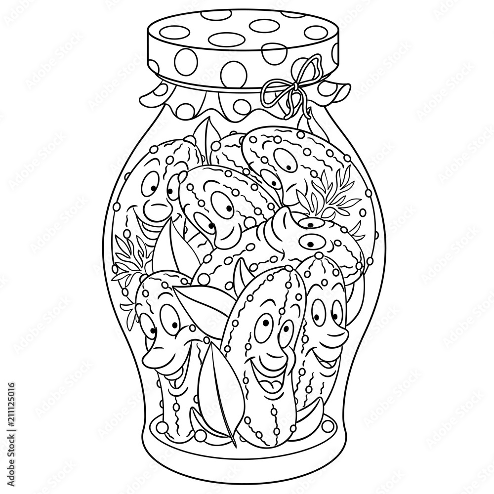 Coloring page coloring book pickles jar pickled cucumbers happy food concept cartoon design for t