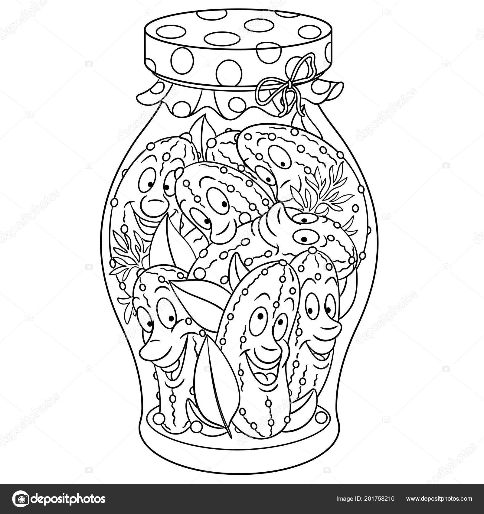 Coloring page coloring book pickles jar pickled cucumbers happy food stock vector by sybirko