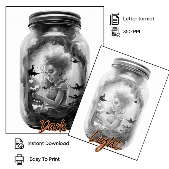 Halloween jars coloring page for adults spooky jars coloring book printable autumn jars pdf instant download coloring page