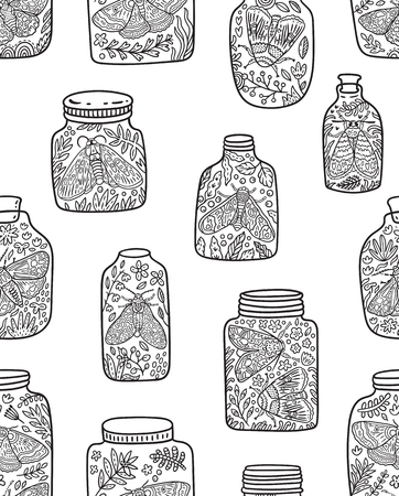 Vector seamless pattern with glass jars flowers and butterflies in outline great for coloring print