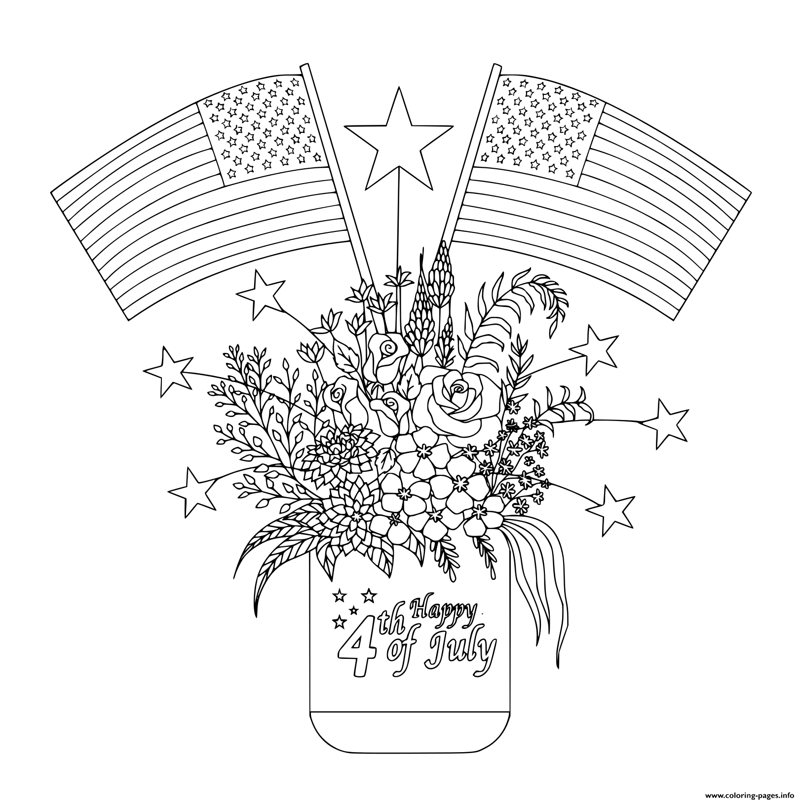 American flags on flowers and decorations on a mason jar coloring page printable