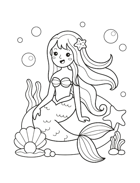 Premium vector beautiful mermaid printable coloring page