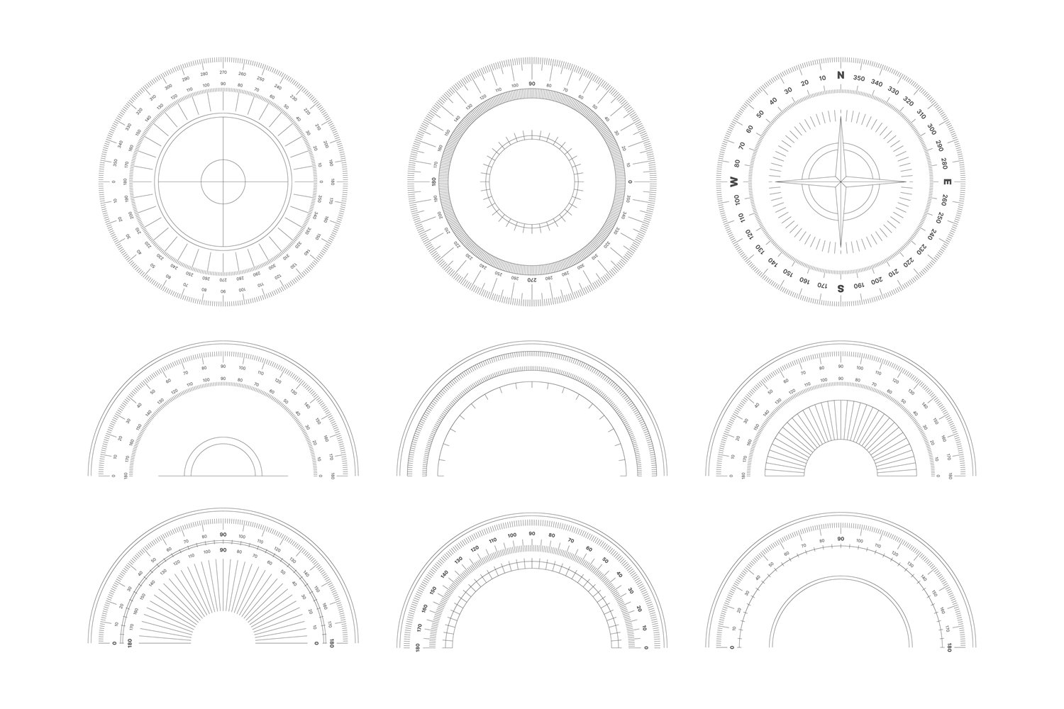 Protractor degree measurement shapes with numbers and s