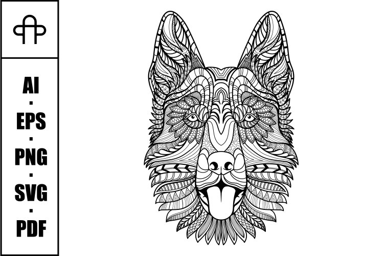 German shepherd dog head mandala zentangle coloring page
