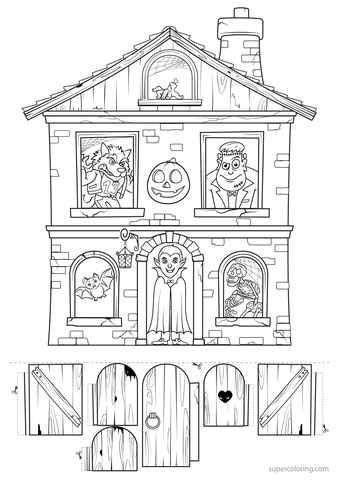 Create haunted house with surprise characters coloring page free printable coloring pages