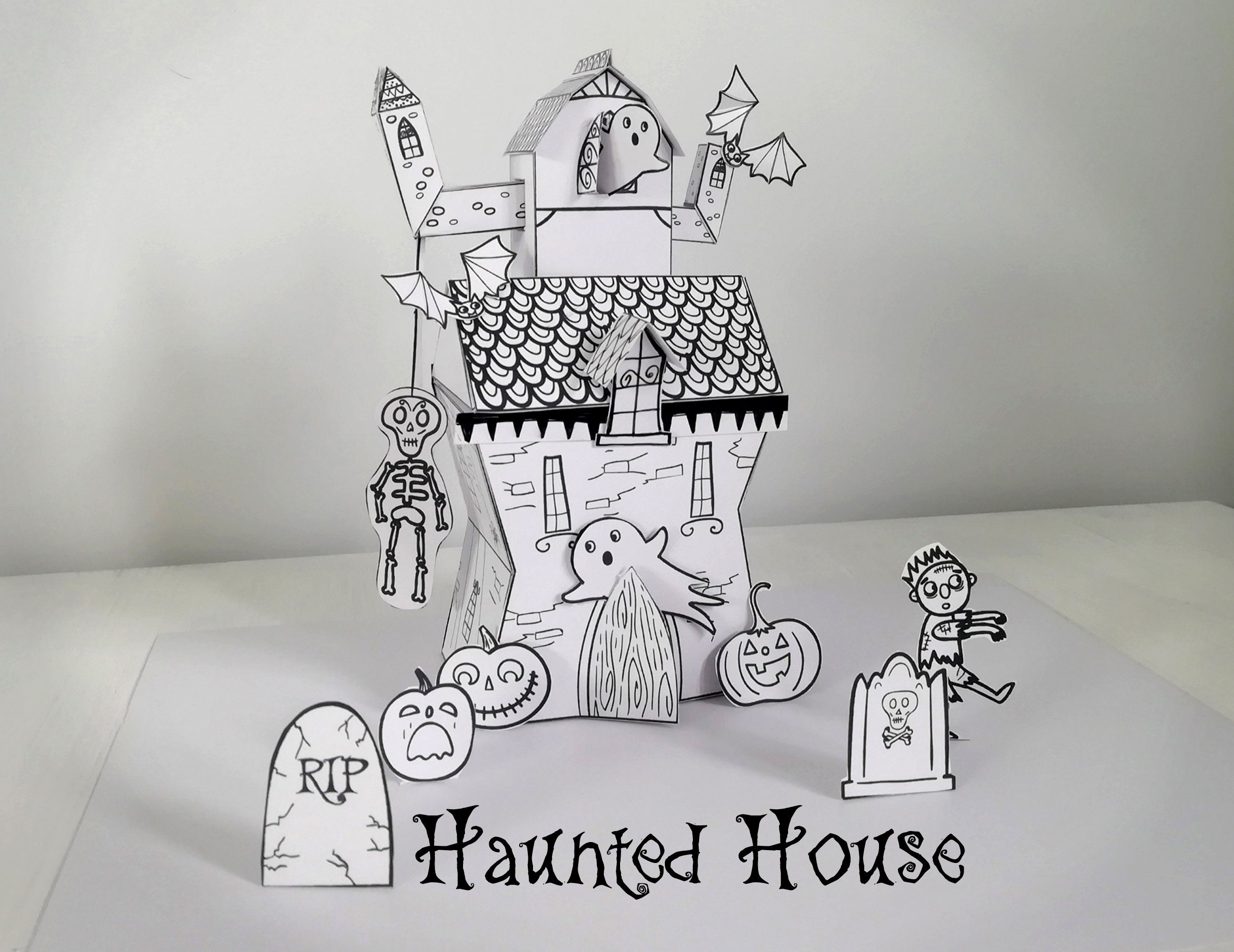 Haunted house paper craft activity instant download halloween printable craft kit for kids