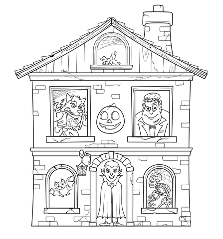 Haunted house with characters coloring page free printable coloring pages