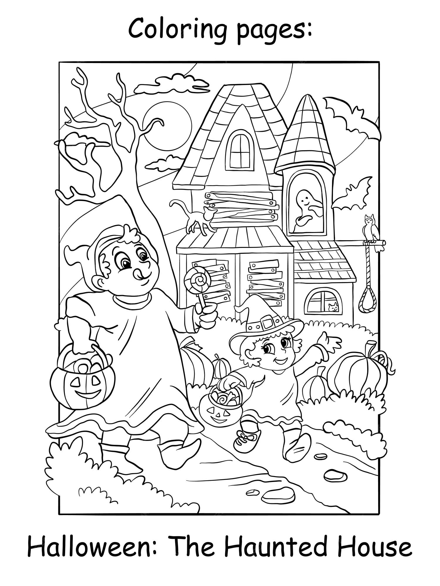 Premium vector coloring halloween children walk past a haunted house vector illustration