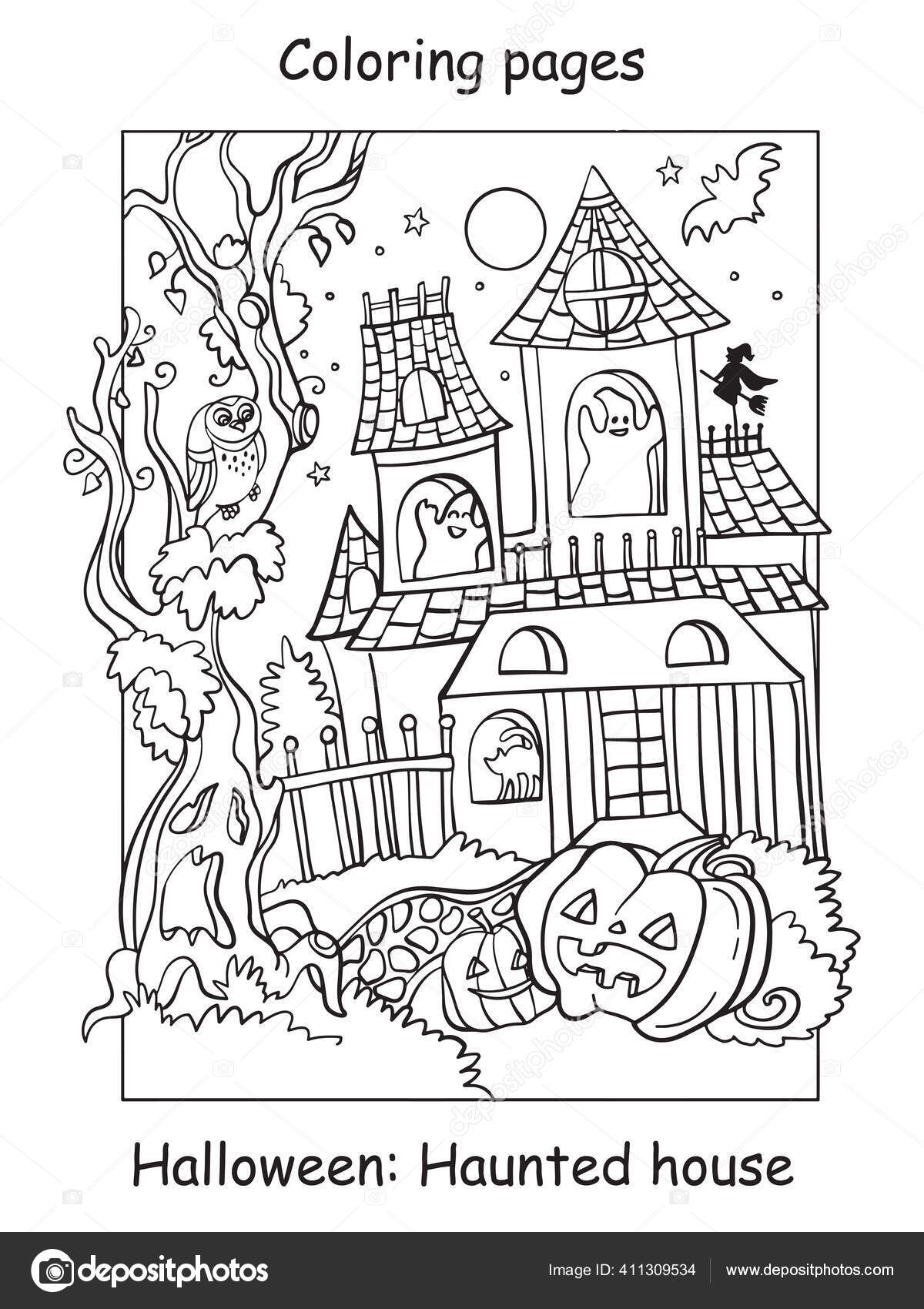 Vector coloring pages funny haunted house pumpkin halloween concept cartoon stock vector by alinart