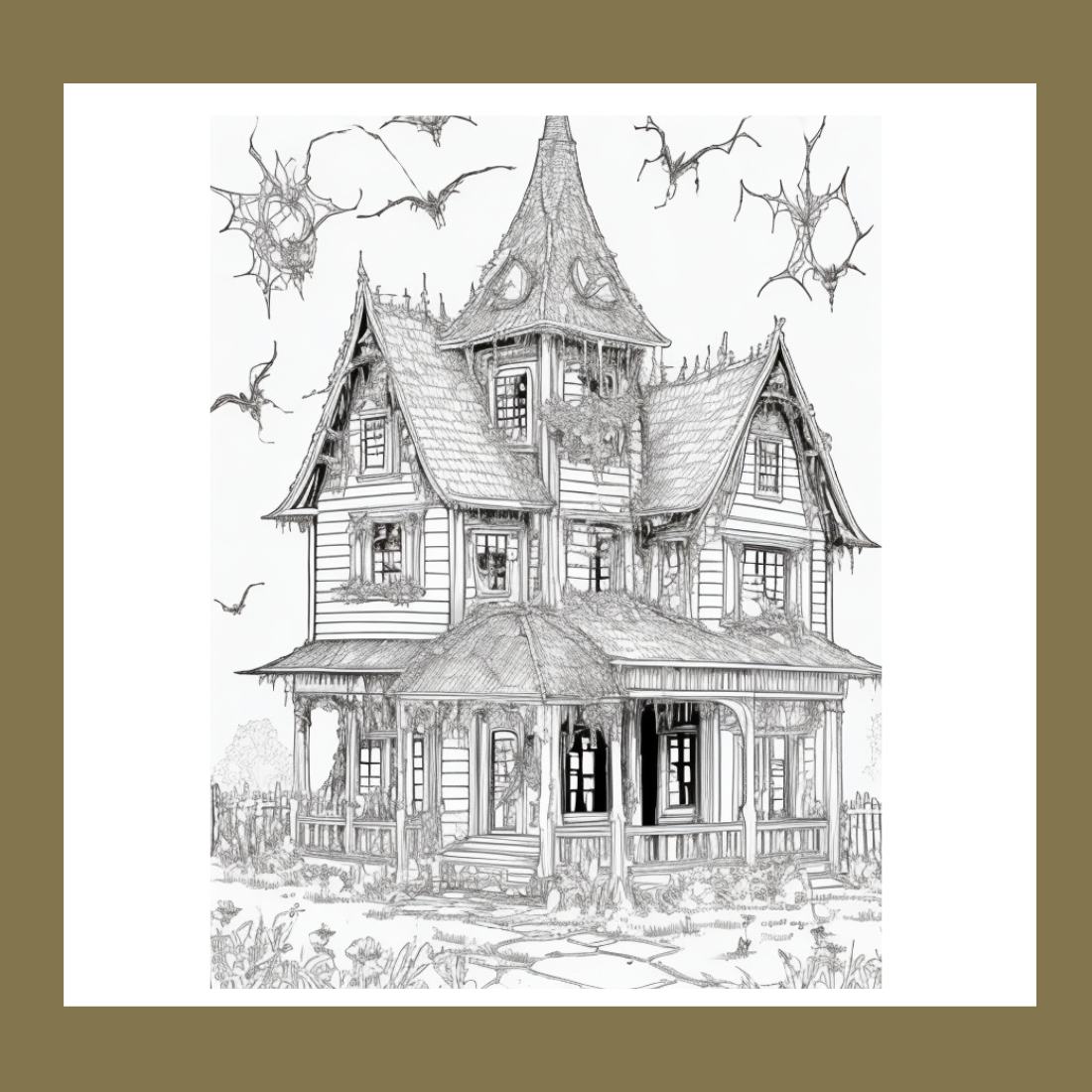 A haunted house with ghosts and cobwebs coloring page for adult