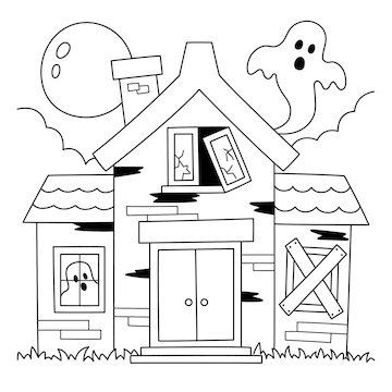 Premium vector haunted house halloween coloring page for kids