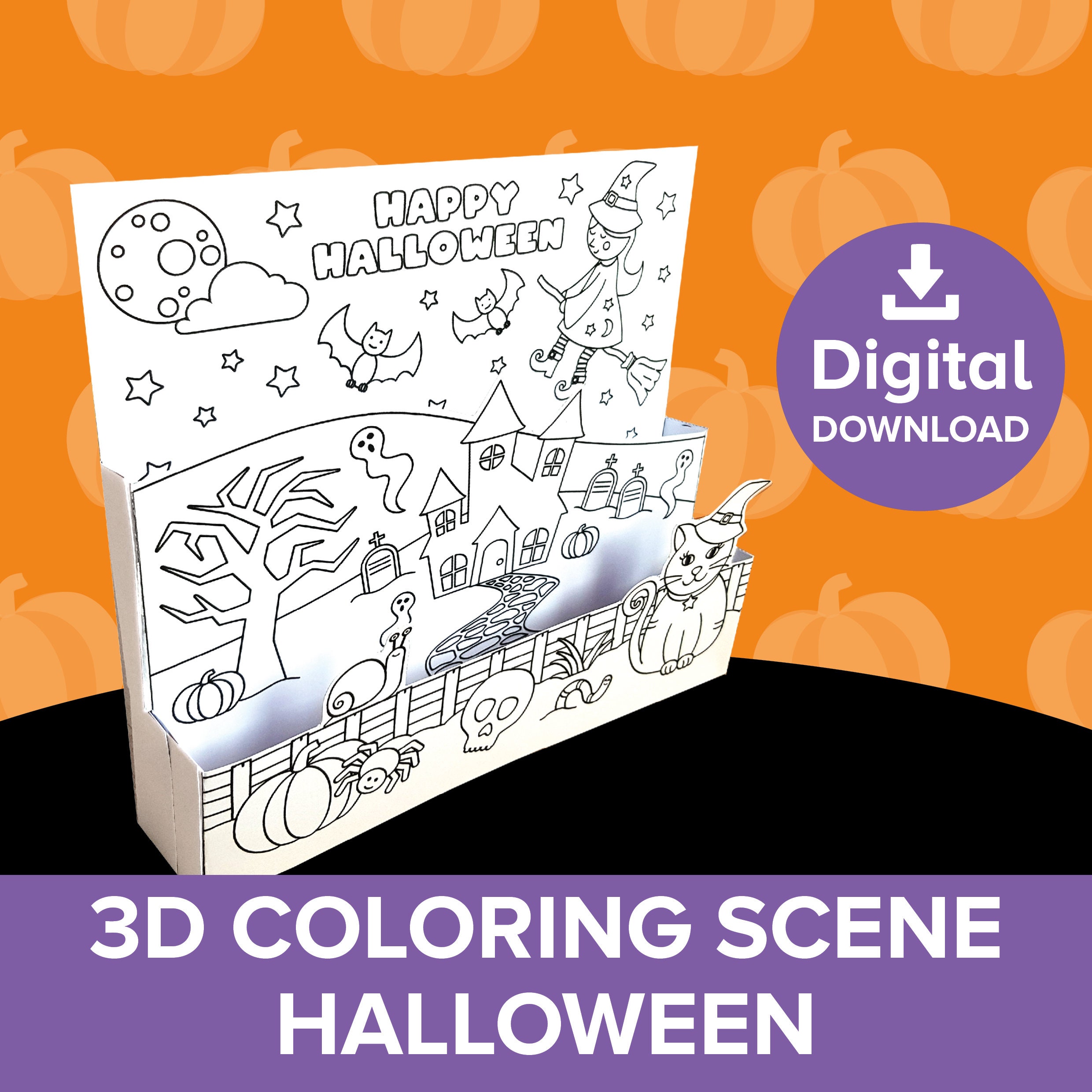 Halloween d coloring scene craft kids color and build freestanding layered picture spooky haunted house witch printable artwork activity